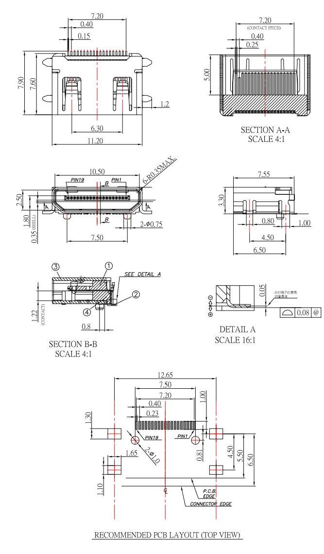 HDMI C TYPE,全貼HDMI母座有柱,迷你HDMI插座帶固定柱,HDMI-C-1規(guī)格書