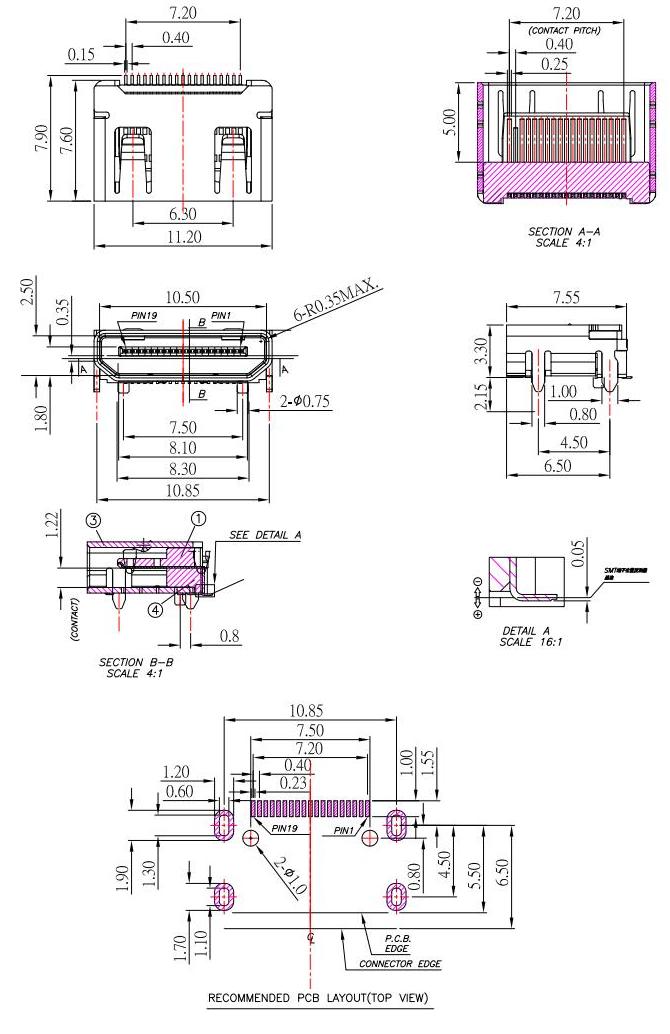 HDMI C TYPE ,HDMI接口外殼四腳插板,HDMI超清母座  HDMI-C-2規(guī)格書