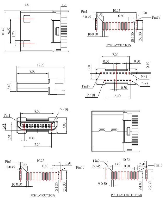 HDMI-C-3 ,HDMI JACK C TYPE ,公頭HDMI夾板式，HDMI plug規(guī)格圖