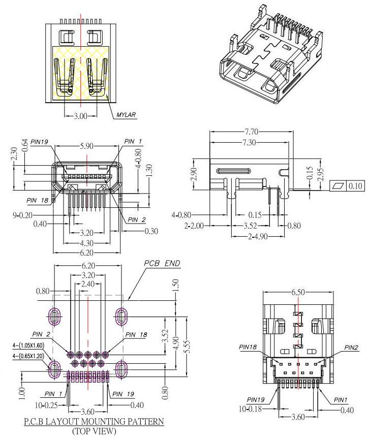 高清HDMI D TYPE,HDMI插孔 前DIP 后SMT,HDMI插座四腳插板 HDMI-D-2規(guī)格圖