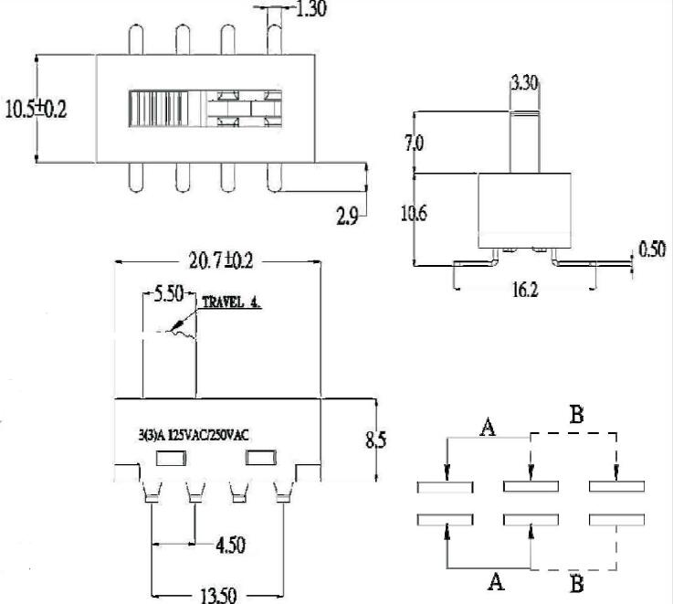 SS-22H25-T撥動開關尺寸圖