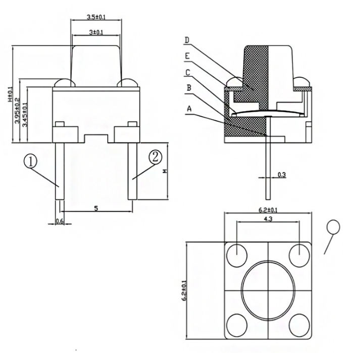 6*6*5兩腳輕觸開關(guān)尺寸圖