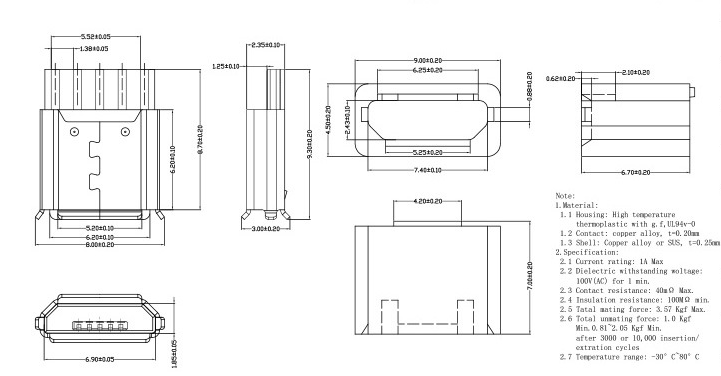 5p焊線式micro-usb規(guī)格圖