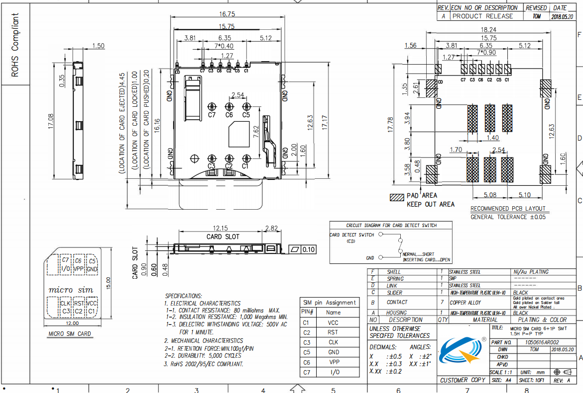 6P卡座PCB封裝規(guī)格圖